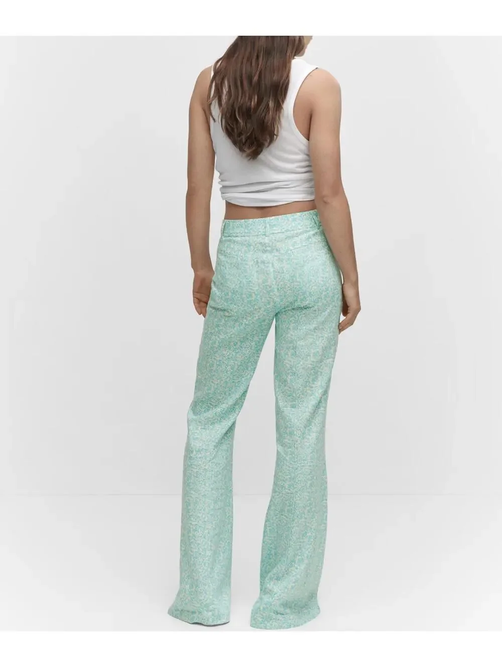 Mango Floral Linen-Blend Flare Pants Turquoise NWT Size 2/XS